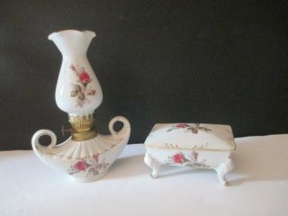 Vintage Hand Painted With Gold Trim Porcelain Matching Oil Lamp And Covered Dish