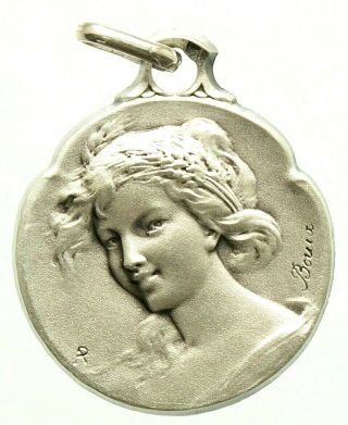 Vintage Silver Art Nouveau Pendant Charming Lady With A Crown Of Wheat By Bouix