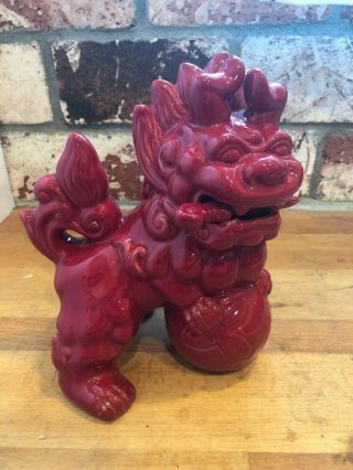Red Ceramic Foo Dog Statue,  Oriental Dog With Sword Statue,  6 In X 8 In,  Modern