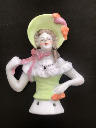 Antique Art Deco Porcelain Pin Cushion Half Doll With Bow Bonnet