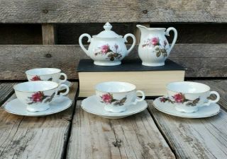 Vintage Teacup And Saucer Set With Creamer And Sugar Pink Rose Floral Pattern