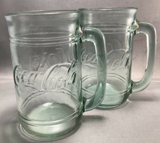 Vintage 2 Coca - Cola Green Glass Stein Mug W/handle Coke Rare 16 Ounces