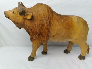 Vintage Hand Carved Wooden Bull Statue Rustic Folk Art Steer Bull Figurine