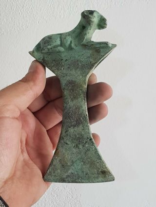 Rare Ancient Luristan Bronze Axe Head Man Seated Figure On Top.  496 Gr.  160 Mm
