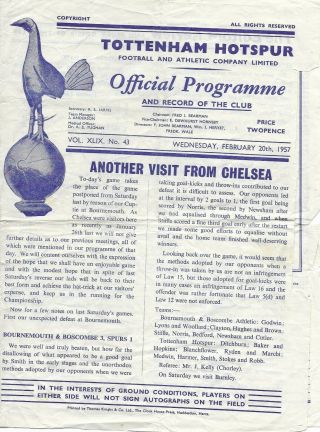 Tottenham (spurs) V Chelsea 1956 - 57 Programme.  Rare Afternoon Mid Week Match