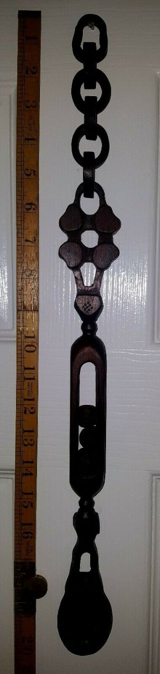 Vintage Welsh Carved Wood Loving Spoon.  Caged Ball And Chain.  20 " Long.