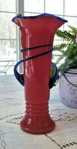Vintage Bohemian Czech Red Tango Vase Cobalt Blue Snake Ribbon Czechoslovakia