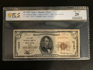 1929 $5 The First National Bank Of Bogata Texas Pcgs Vf 20 Very Rare Tex.  Note
