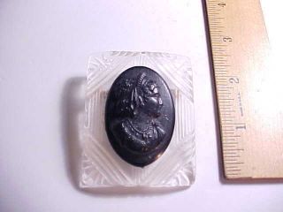 1930s Art Deco Black Bakelite Cameo Of Lady On Square Engraved Catalin Brooch