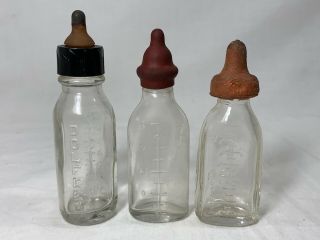 3 Vintage Baby Doll Glass Bottles W/ Rubber Nipples 3 " Dolfeed