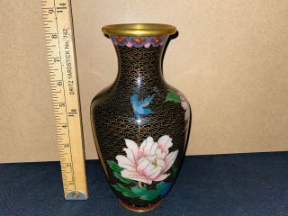 Antique Chinese Cloisonne Black Enamel Peony Chrysanthemum Flower Vase Nr