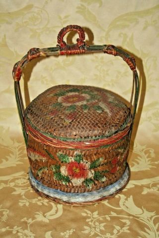 Early 20th Century Asian Style Antique 10 " Woven Basket W/ Wood Handle & Lid