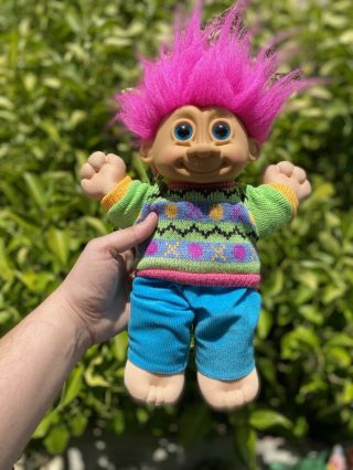 Vintage Russ Troll Kidz Troll Doll Soft Bodied Boy in Sweater and Corduroy Pants 2