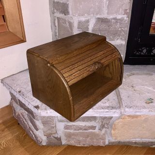 Antique Oak Wood Roll Top Desk Cabinet Game/video Case Bread Holder Vintage Mcm