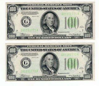 X Rare 2 Consecutive Number 1934 Series $100 Chicago Federal Reserve Notes