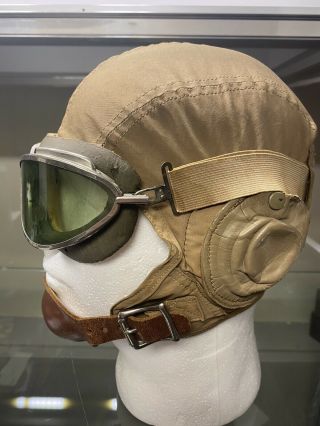 Rare Wwii Us Navy M - 450 Flight Helmet With Ear Cups And Mk - Ii Pilot Goggles