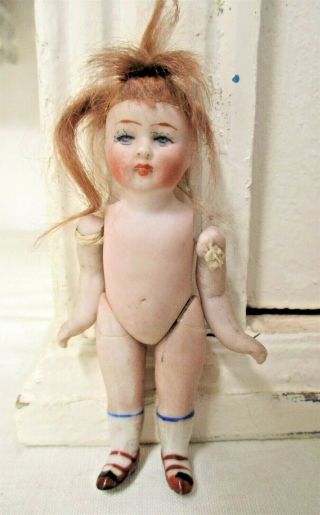 Antique 4 " All Bisque German Doll Jointed Wig