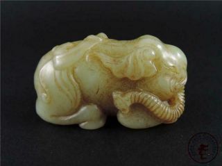 Fine Old Chinese Nephrite Celadon Jade Toggle Statue Elephant Harmony