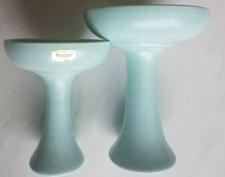 2 Vintage Haeger Pottery Light Blue Pedestal Mushroom Vases Planters,  Mcm,  Rare