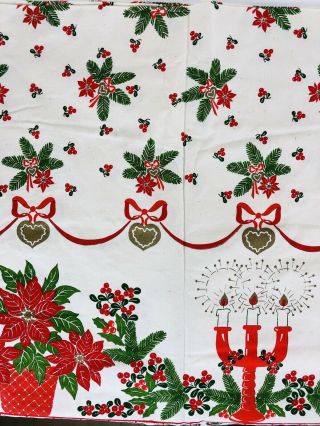 Vintage Christmas Tablecloth 58 X 86 Poinsettia Holly Menorah Candles Red Gold