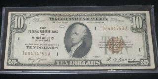 Rare Minneapolis Mn 1929 Red Seal $10 Bill Federal Reserve Currency Note