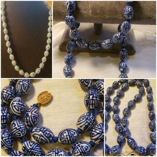 Vtg Longevity Blue And White Oval Chinese Hand Knotted Porcelain Bead Necklace