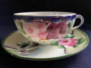 Vintage Teacup Saucer Hand Painted Japan Roses Raised Dot Cobalt Blue Bone China