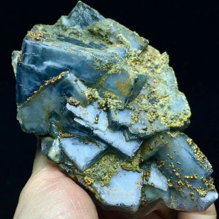 212g Very Rare Granular Pyrite Based On The Translucent Deep Blue Cubic Fluorite