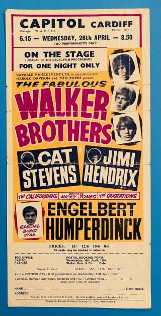Jimi Hendrix Cat Stevens Engelbert Cardiff Uk 1967 Flyer Handbill Rare