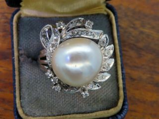 Vintage Palladium Art Deco Antique Large 13 Mm Natural Pearl Diamond Ring Rare