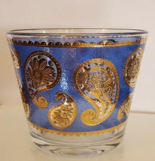 Vintage Mcm Culver Glass Ice Bucket In Rare Blue & 22kt Gold Paisley Pattern