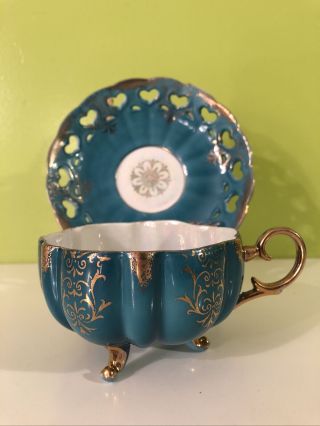 Lm Royal Halsey Teal Gold Footed Cup & Saucer,  Iridescent,  Incised Hearts,  Japan