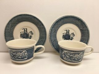 Rare Vintage Royal Currier And Ives Flat Cup And Saucer (set Of 2)