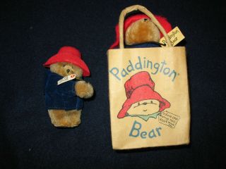 2 Vintage 1987 Paddington Bear In A Bag W/tag Eden Toy 5 " Tall & Clip On Bear 3 "