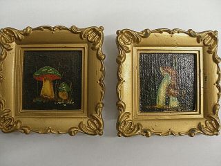 Vintage Pair Miniature Oil Paintings Of Mushrooms Framed Artist Signed
