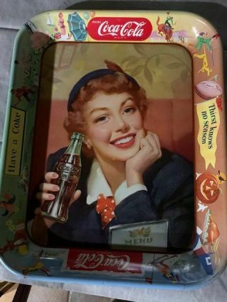 Antique Coke Coca Cola Tray Vintage 1953 Thirst Knows No Season Menu Soda Girl