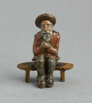 Tiny Vintage Cold Painted Bronze Miniature Praying Man On Bench Seat - Signed