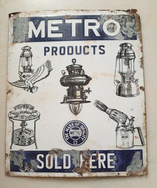 Vintage Old Metro Product Lamp Lantern Stove Ad Porcelain Enamel Rare Sign Board