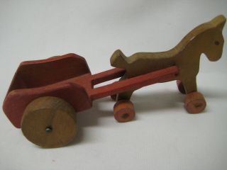 Antique Wooden Toy Handmade Cart And Horse On Wheels,  Solid Wood,  Switzerland