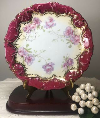 Antique Nippon Scalloped Moriage Hand Painted Pink Magenta Roses Gold Plate 7.  5 "