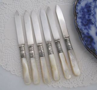 6 Antique Meriden Cutlery Mother Of Pearl & Sterling Silver Fruit Knife Knives
