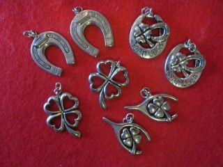 8 Antique Silver Tone 4 Leaf Clover Horseshoes Good Luck Charms