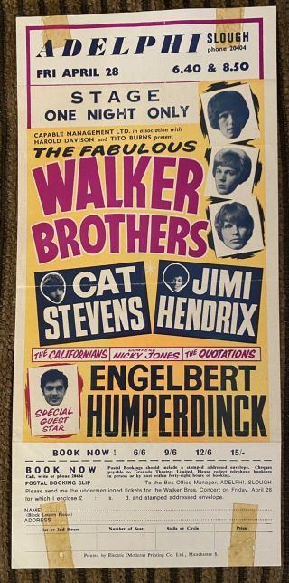 Jimi Hendrix Cat Stevens Engelbert Slough Uk 1967 Flyer Handbill Rare