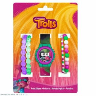 Childrens Girls Pink Trolls Digital Watch Gift Set (4 Piece Bracelets Set)