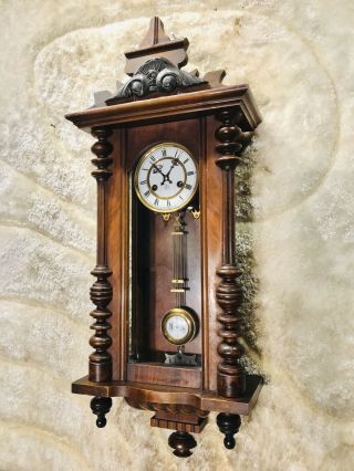 Rare Antique Germany Junghans Wall Striking Vienna Clock,  Walnut Case & Pendulum