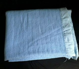Vintage Waffle Weave Blue Blanket Twin Soft Acrylic Nylon Trim - Trim Damage READ 2