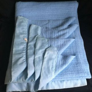 Vintage Waffle Weave Blue Blanket Twin Soft Acrylic Nylon Trim - Trim Damage READ 3