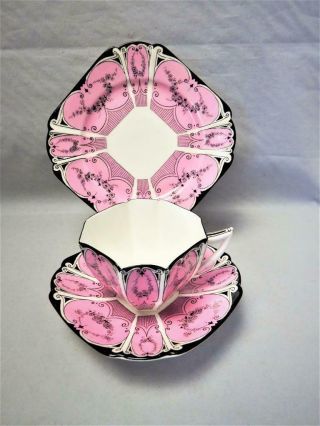 Shelley China England Queen Anne Tea Trio V Rare Pink Garland Of Flowers 1920 