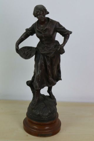 Antique French Bronzed Spelter Statue Pecheuse By Geo Maxim On Wood Base