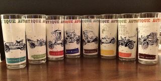 Vintage 1950s/60s Mcm Frosted Glass Antique Autos Highball Tumblers - Set Of 8